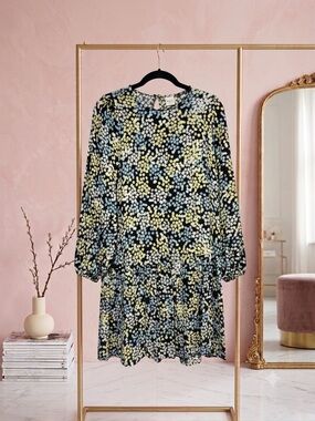 H&M Black Floral Mini Dress with Yellow and Light Blue Print